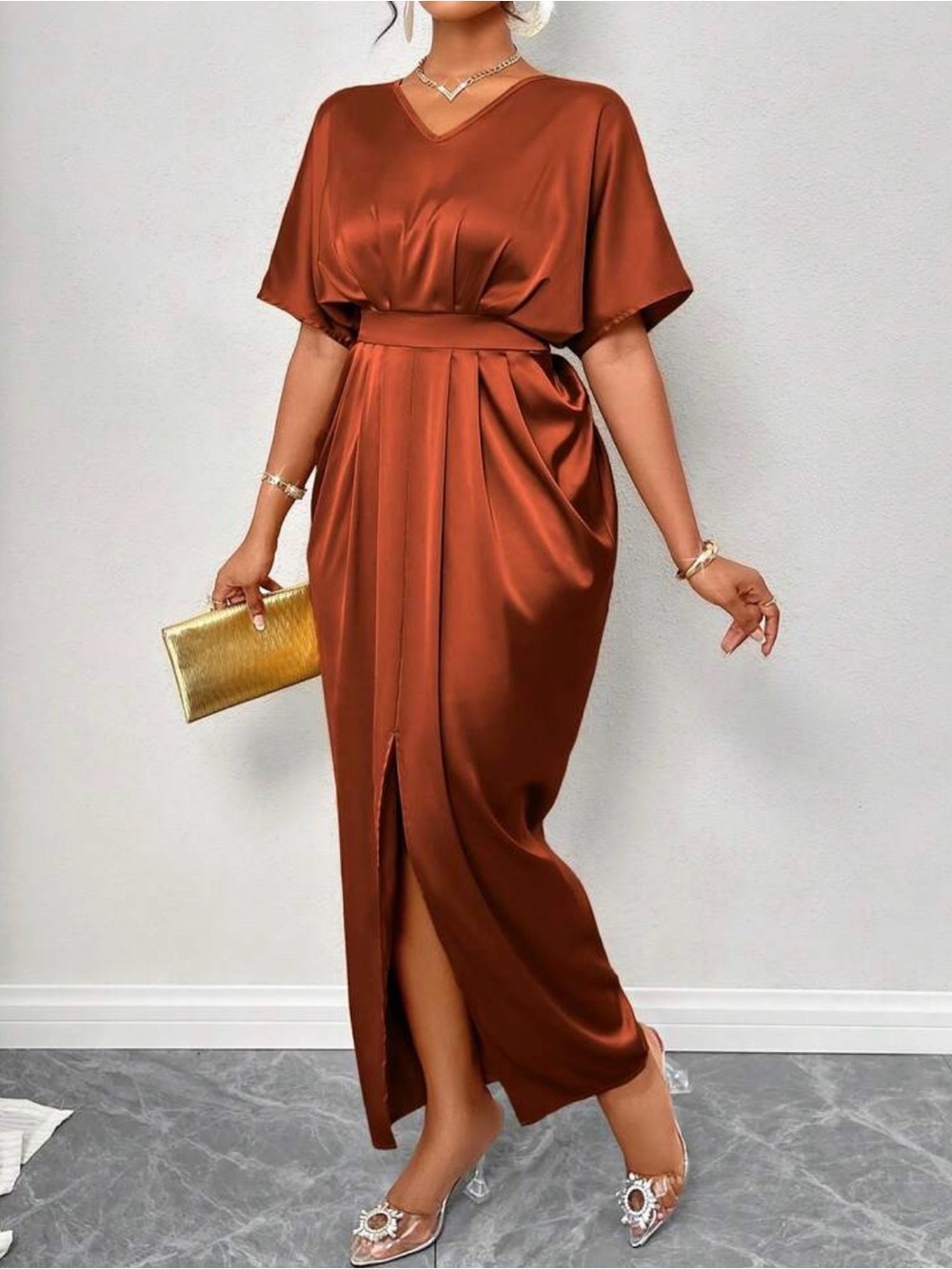 SHEIN Rust Satin Maxi Dress with Front Slit